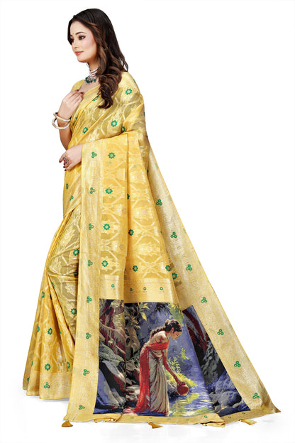 OWLSKY, SASSY & STYLO Jacquard Saree for Women | Elegant Weaving Work | Jacquard Silk Saree with Unstitched Blouse for Women | Unique Digital Pallu Art Yellow