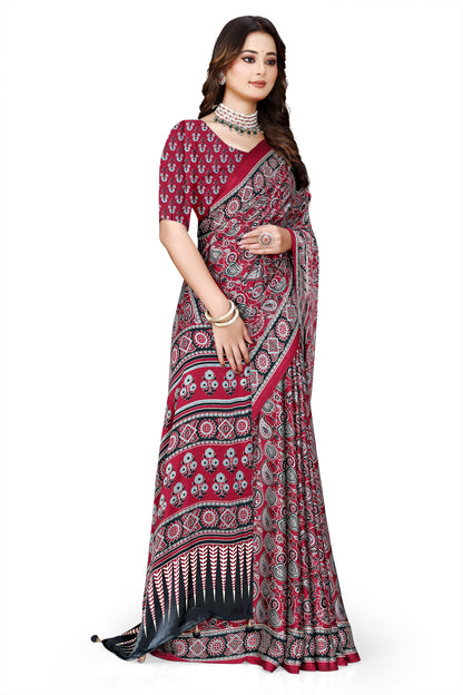 OWLSKY, SASSY & STYLO Womens Japan Satin Saree with Foil Print | Traditional Printed Saree with Unstitched Blouse | Festive Wear Saree for Women | Ethnic Designer Saree Dark Red