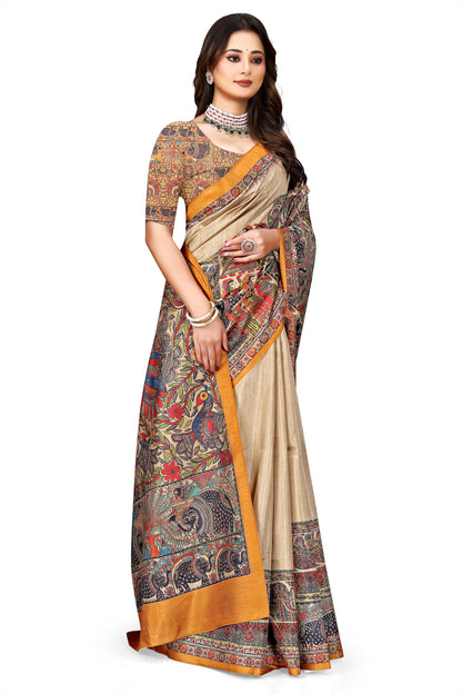Madhubani Print Manipuri Silk Saree for Women | Indian Ethnic Party & Casual Wear | Unstitched Blouse Included Orange