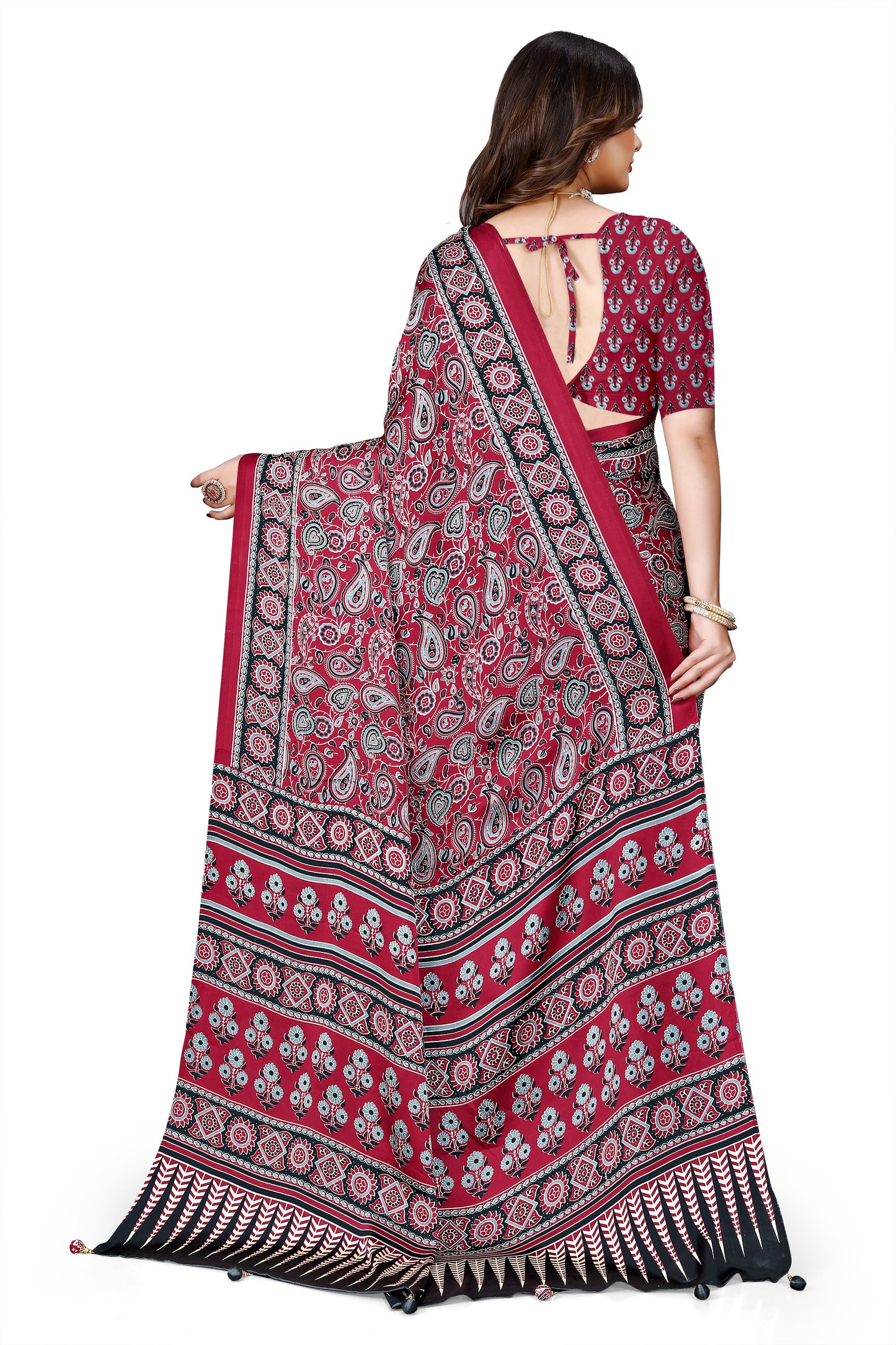 OWLSKY, SASSY & STYLO Womens Japan Satin Saree with Foil Print | Traditional Printed Saree with Unstitched Blouse | Festive Wear Saree for Women | Ethnic Designer Saree Dark Red