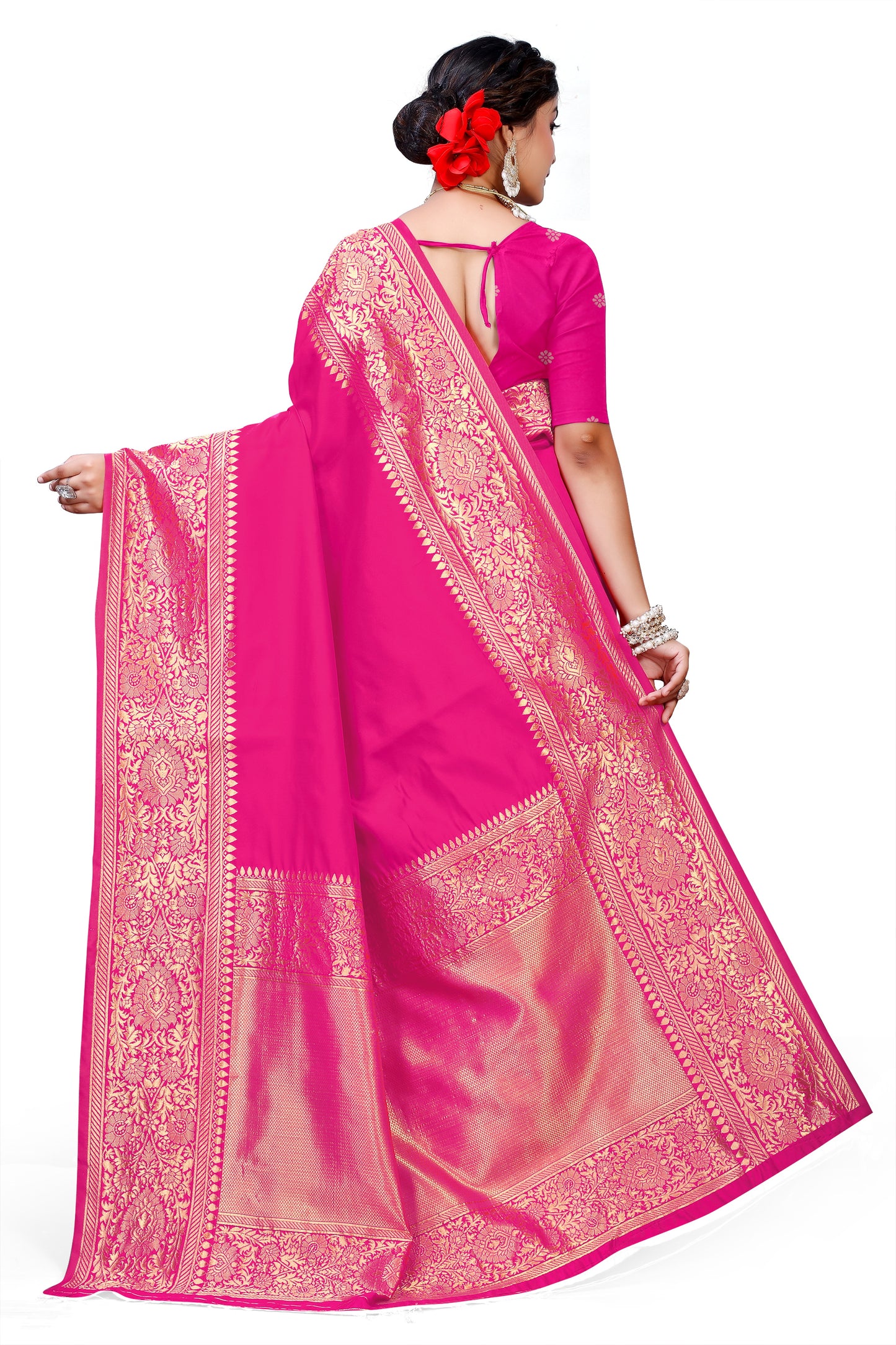Owlsky Kanjivaram Cotton Silk Saree for Women with Zari Border | Traditional Indian Saree with Unstitched Blouse Piece | Lightweight Festival Wear Saree | Elegant Soft Cotton Silk Saree Rani Pink