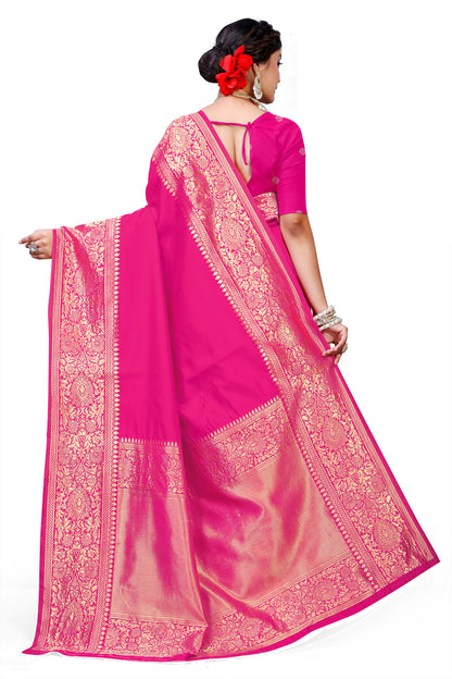 Owlsky Kanjivaram Cotton Silk Saree for Women with Zari Border | Traditional Indian Saree with Unstitched Blouse Piece | Lightweight Festival Wear Saree | Elegant Soft Cotton Silk Saree Rani Pink