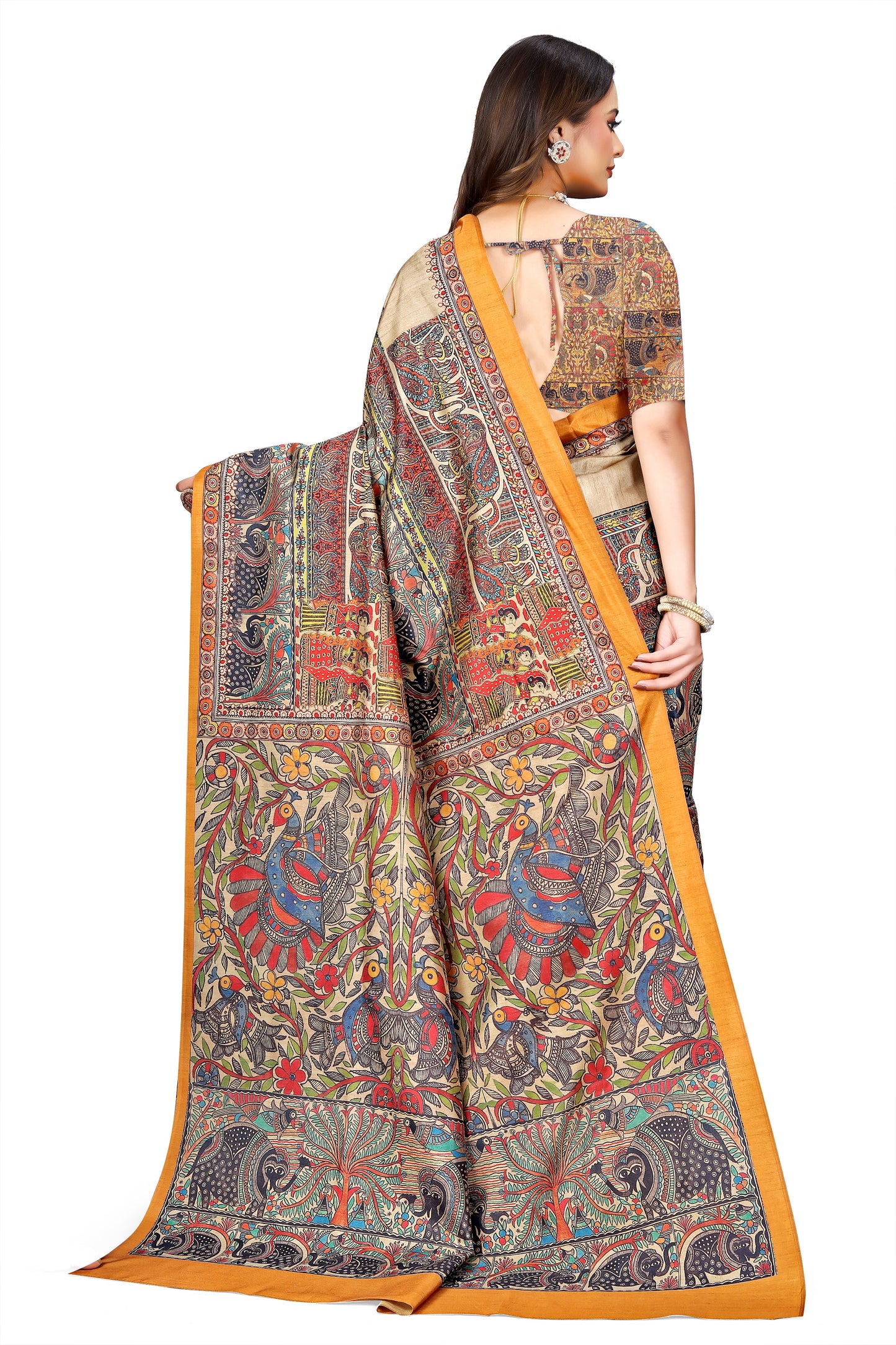 Madhubani Print Manipuri Silk Saree for Women | Indian Ethnic Party & Casual Wear | Unstitched Blouse Included Orange