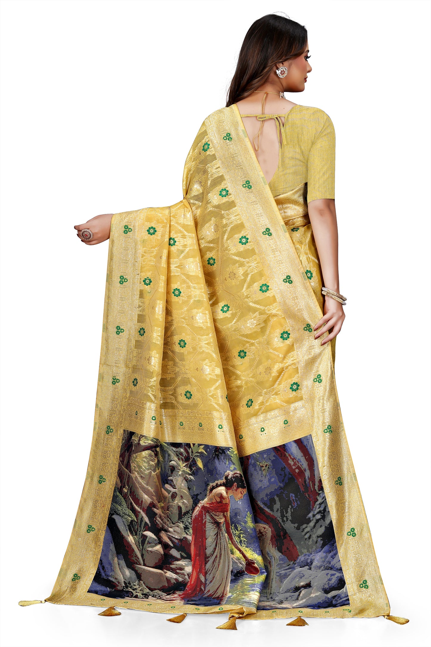 OWLSKY, SASSY & STYLO Jacquard Saree for Women | Elegant Weaving Work | Jacquard Silk Saree with Unstitched Blouse for Women | Unique Digital Pallu Art Yellow