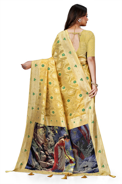 OWLSKY, SASSY & STYLO Jacquard Saree for Women | Elegant Weaving Work | Jacquard Silk Saree with Unstitched Blouse for Women | Unique Digital Pallu Art Yellow