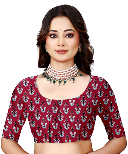 OWLSKY, SASSY & STYLO Womens Japan Satin Saree with Foil Print | Traditional Printed Saree with Unstitched Blouse | Festive Wear Saree for Women | Ethnic Designer Saree Dark Red