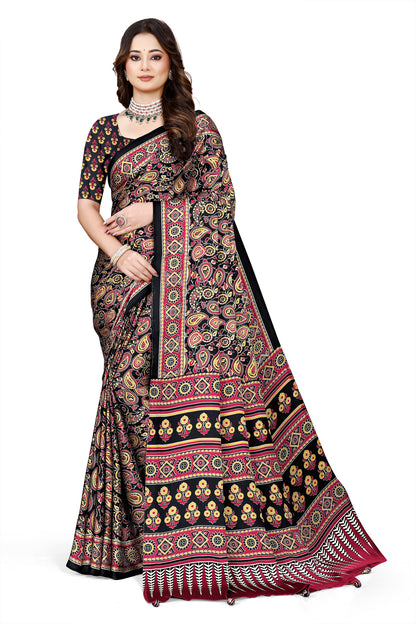 OWLSKY, SASSY & STYLO Womens Japan Satin Saree with Foil Print | Traditional Printed Saree with Unstitched Blouse | Festive Wear Saree for Women | Ethnic Designer Saree Brown
