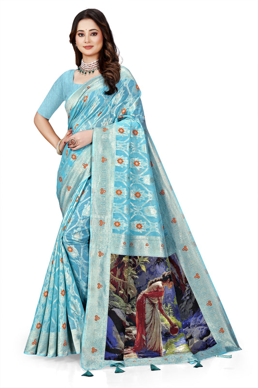 OWLSKY, SASSY & STYLO Jacquard Saree for Women | Elegant Weaving Work | Jacquard Silk Saree with Unstitched Blouse for Women | Unique Digital Pallu Art Yellow Sea Blue