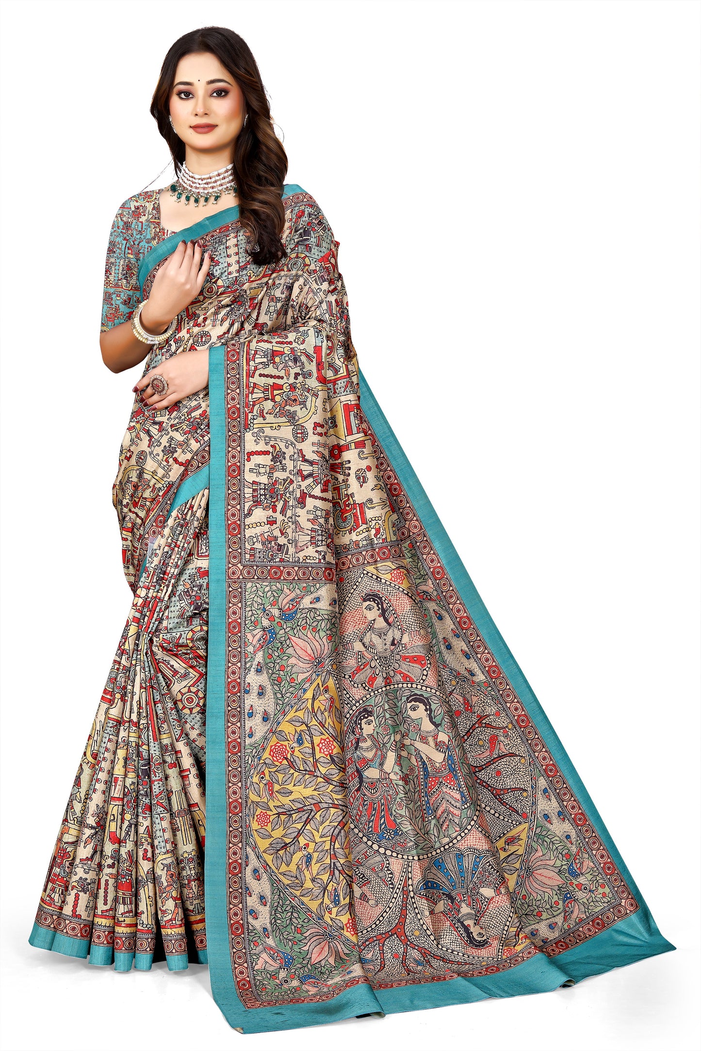 Madhubani Print Manipuri Silk Saree for Women | Indian Ethnic Party & Casual Wear | Unstitched Blouse Included Blue