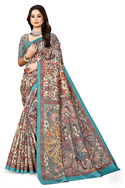 Madhubani Print Manipuri Silk Saree for Women | Indian Ethnic Party & Casual Wear | Unstitched Blouse Included Blue
