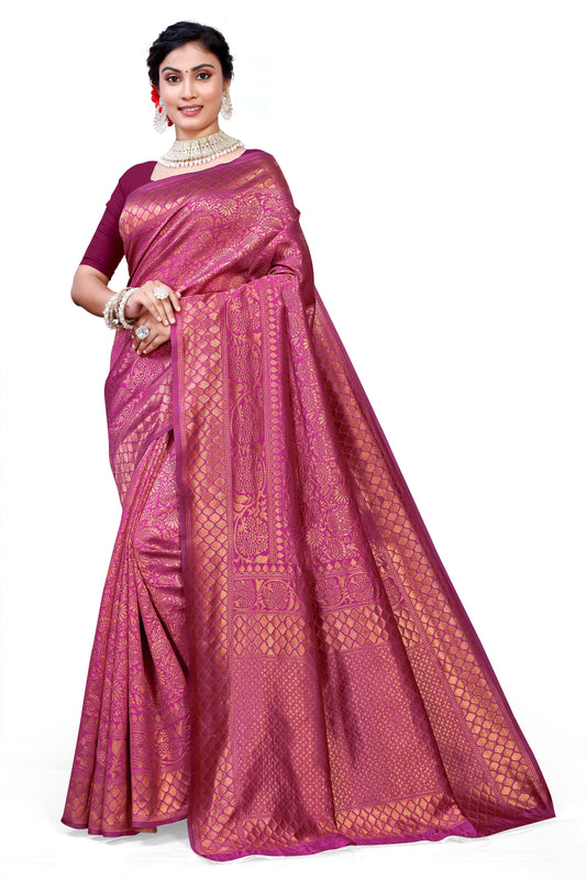 Owl Sky Kanjivaram Cotton Silk Saree for Women with Zari Border | Traditional Indian Saree with Unstitched Blouse Piece | Lightweight Festival Wear Saree | Elegant Soft Cotton Silk Saree Magenta