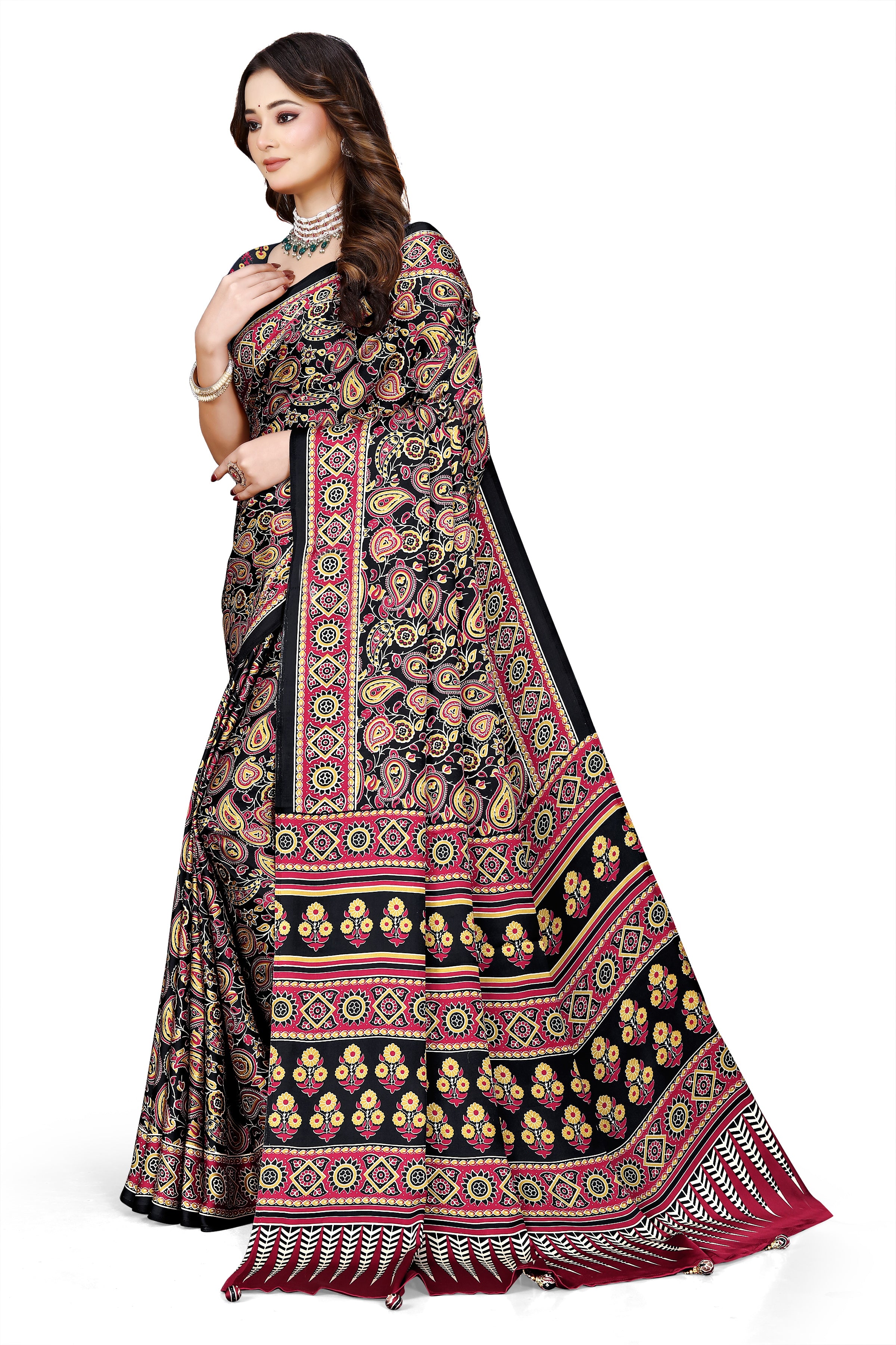 OWLSKY, SASSY & STYLO Womens Japan Satin Saree with Foil Print | Traditional Printed Saree with Unstitched Blouse | Festive Wear Saree for Women | Ethnic Designer Saree Brown