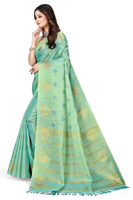 OWLSKY, SASSY & STYLO Women's Elegant Linen Weaving Saree with Unstitched Blouse Piece Aqua Blue