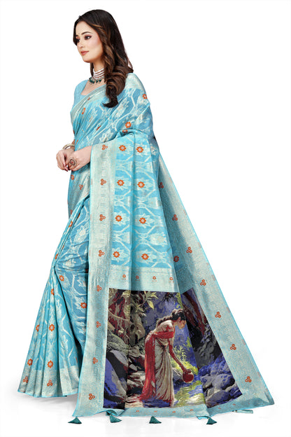 OWLSKY, SASSY & STYLO Jacquard Saree for Women | Elegant Weaving Work | Jacquard Silk Saree with Unstitched Blouse for Women | Unique Digital Pallu Art Yellow Sea Blue