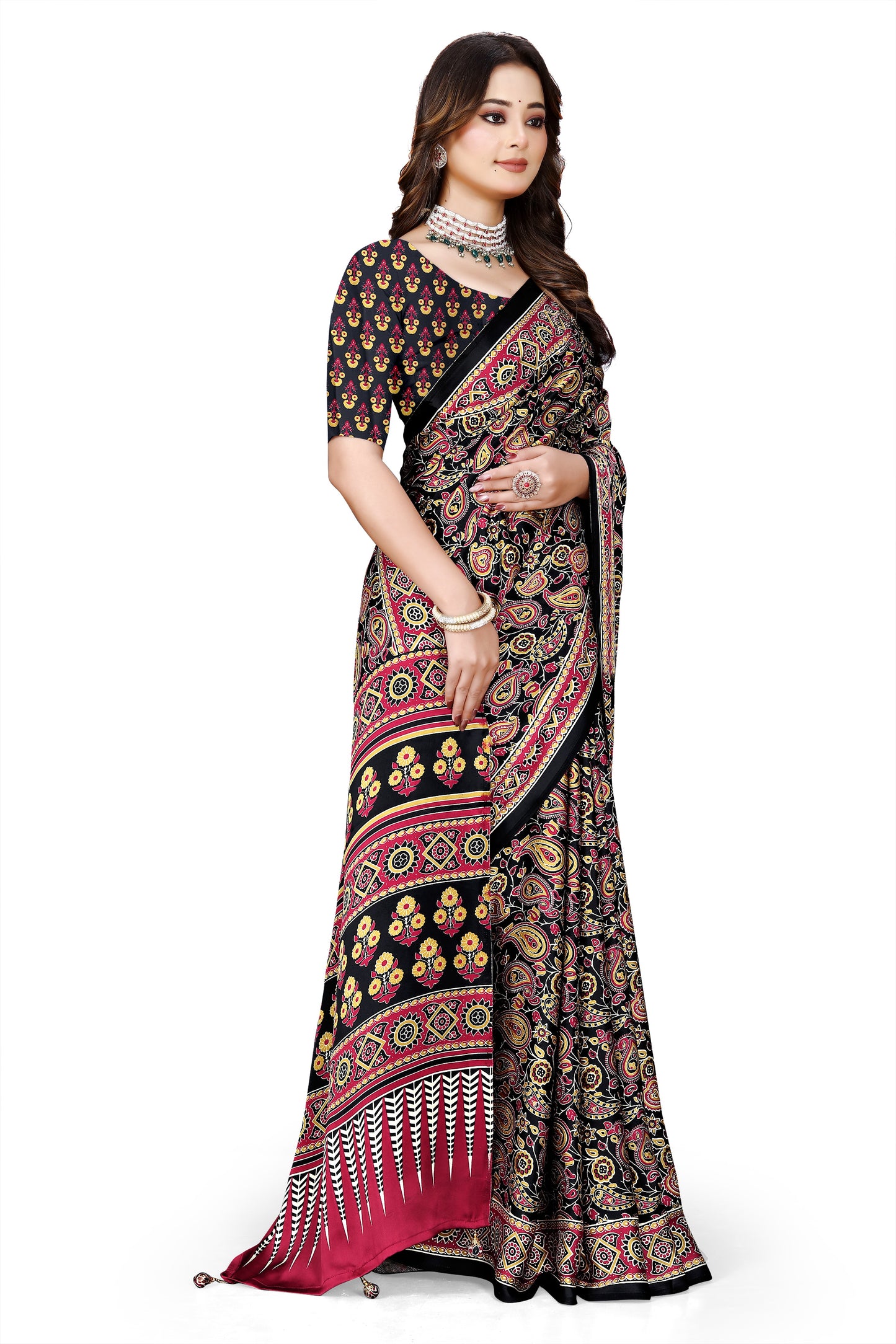 OWLSKY, SASSY & STYLO Womens Japan Satin Saree with Foil Print | Traditional Printed Saree with Unstitched Blouse | Festive Wear Saree for Women | Ethnic Designer Saree Brown