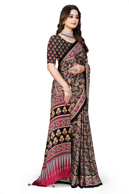 OWLSKY, SASSY & STYLO Womens Japan Satin Saree with Foil Print | Traditional Printed Saree with Unstitched Blouse | Festive Wear Saree for Women | Ethnic Designer Saree Brown