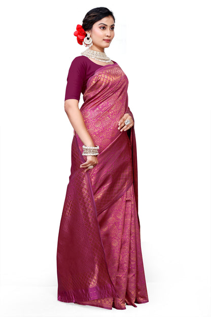 Owl Sky Kanjivaram Cotton Silk Saree for Women with Zari Border | Traditional Indian Saree with Unstitched Blouse Piece | Lightweight Festival Wear Saree | Elegant Soft Cotton Silk Saree Magenta