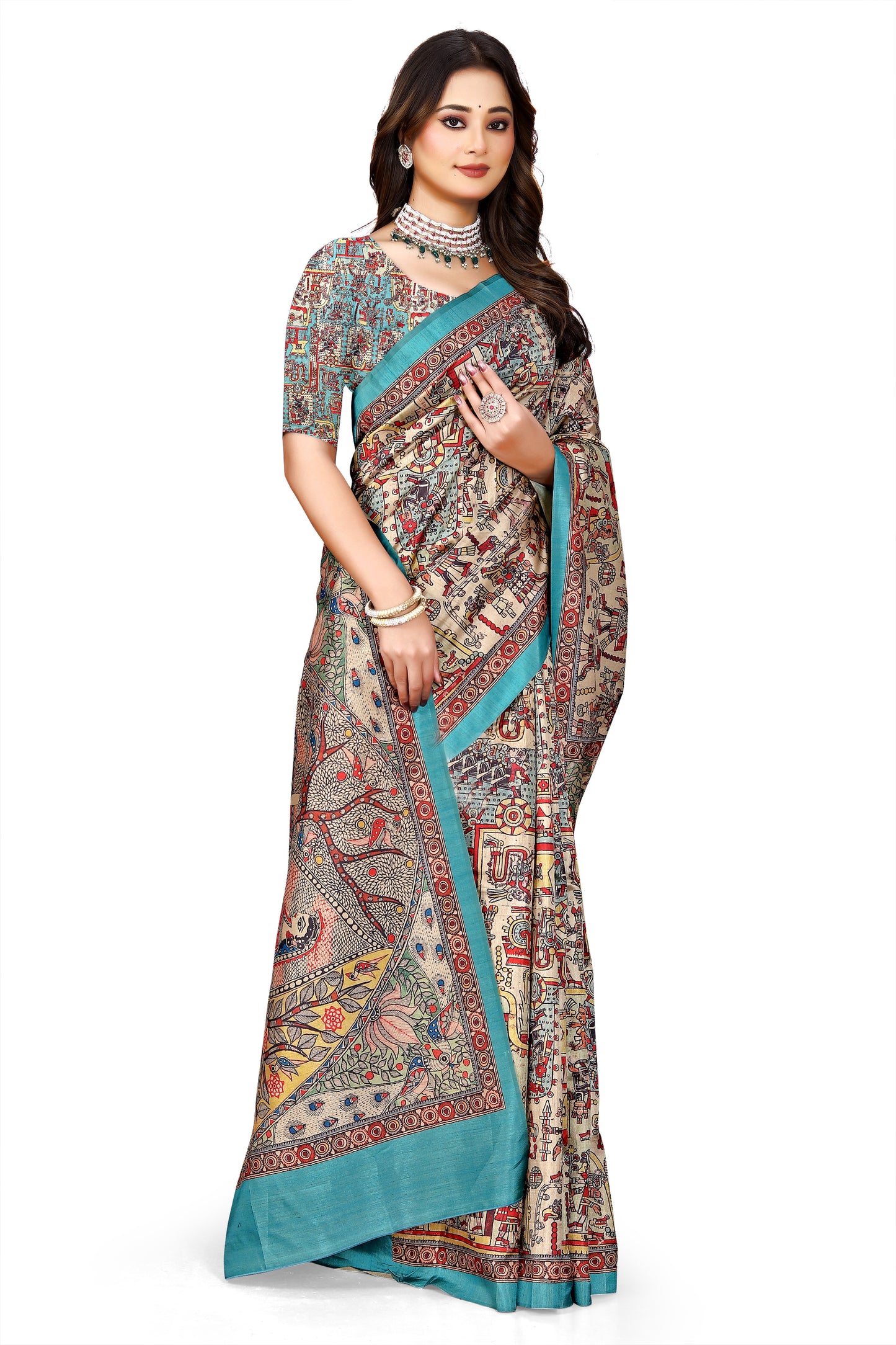 Madhubani Print Manipuri Silk Saree for Women | Indian Ethnic Party & Casual Wear | Unstitched Blouse Included Blue