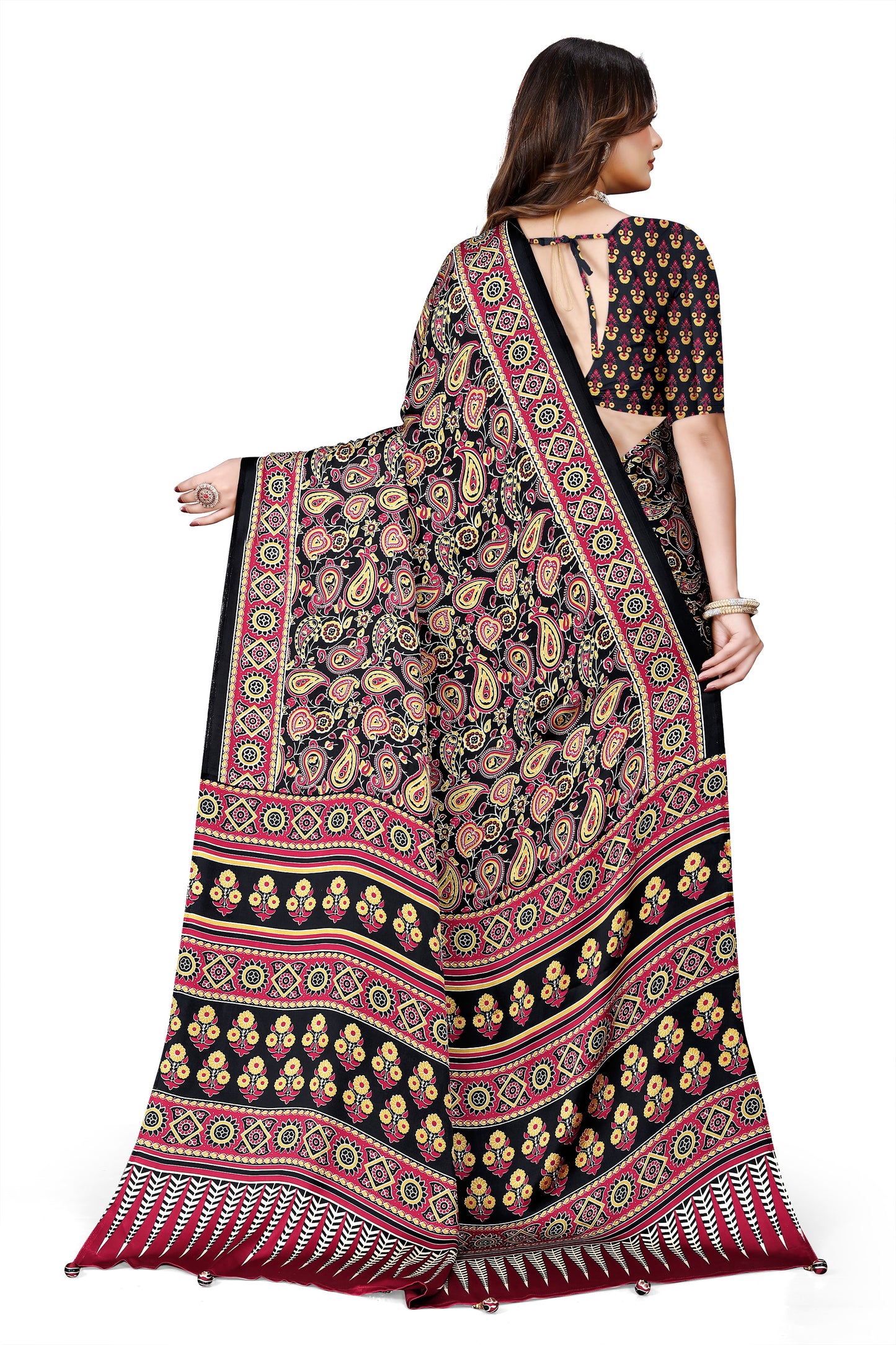 OWLSKY, SASSY & STYLO Womens Japan Satin Saree with Foil Print | Traditional Printed Saree with Unstitched Blouse | Festive Wear Saree for Women | Ethnic Designer Saree Brown