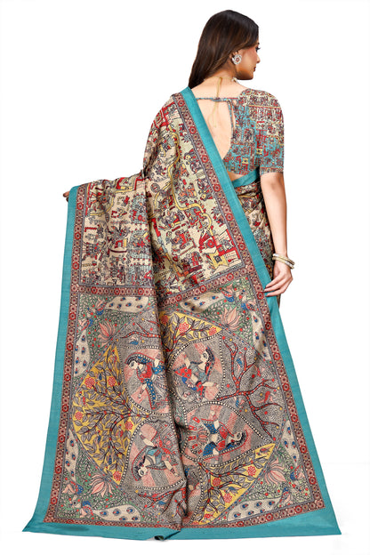 Madhubani Print Manipuri Silk Saree for Women | Indian Ethnic Party & Casual Wear | Unstitched Blouse Included Blue