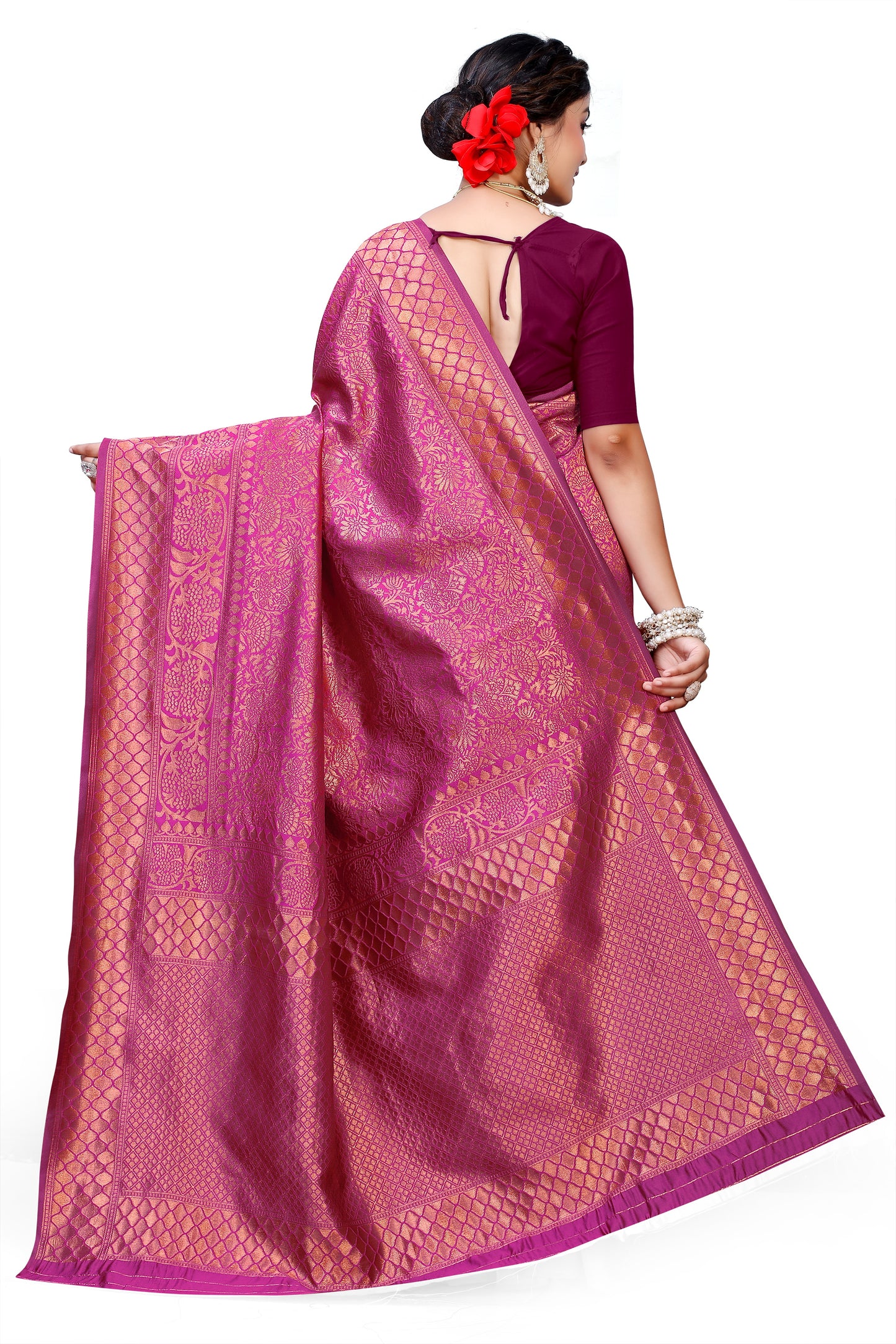 Owl Sky Kanjivaram Cotton Silk Saree for Women with Zari Border | Traditional Indian Saree with Unstitched Blouse Piece | Lightweight Festival Wear Saree | Elegant Soft Cotton Silk Saree Magenta