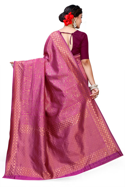 Owl Sky Kanjivaram Cotton Silk Saree for Women with Zari Border | Traditional Indian Saree with Unstitched Blouse Piece | Lightweight Festival Wear Saree | Elegant Soft Cotton Silk Saree Magenta
