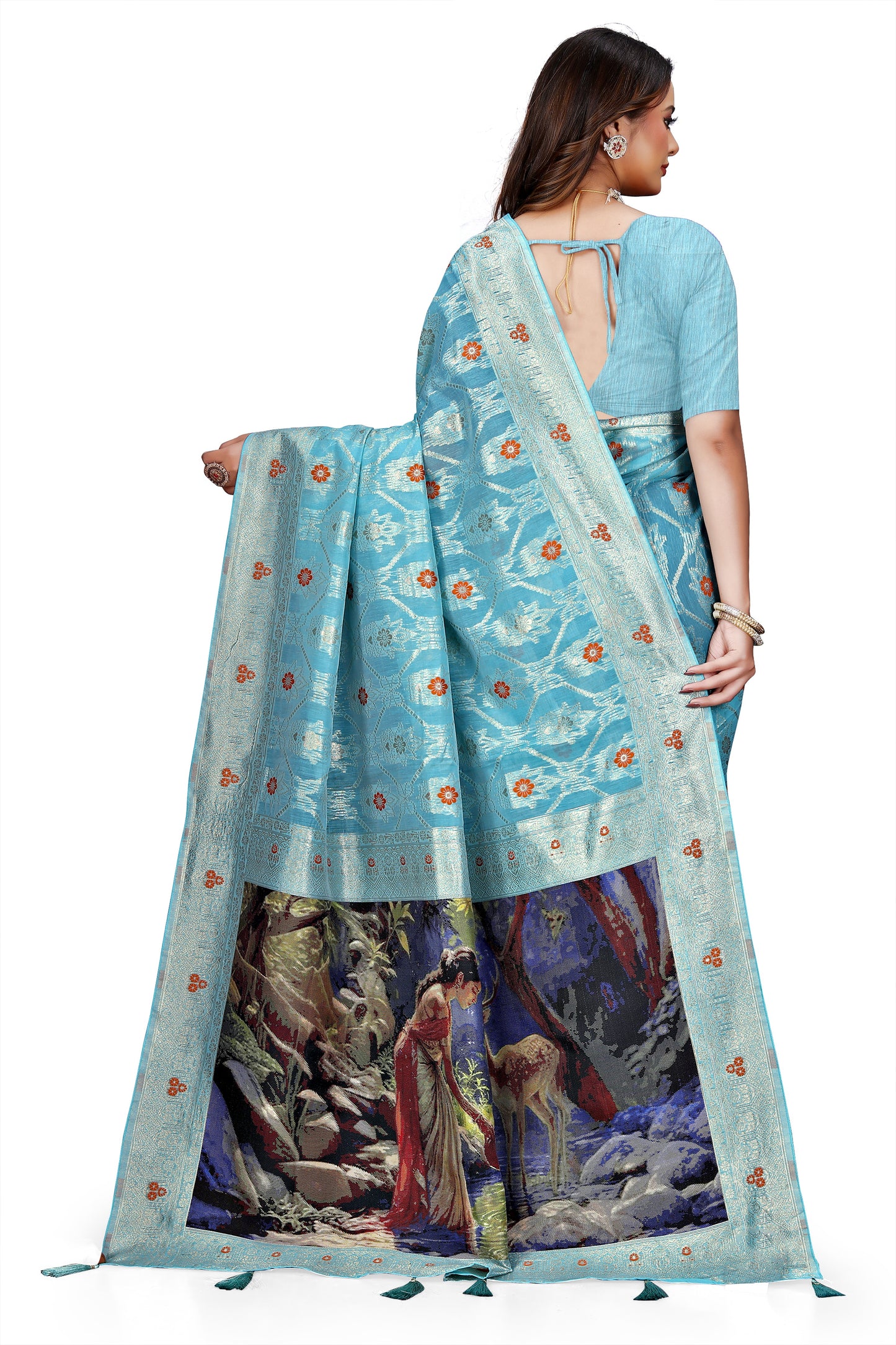 OWLSKY, SASSY & STYLO Jacquard Saree for Women | Elegant Weaving Work | Jacquard Silk Saree with Unstitched Blouse for Women | Unique Digital Pallu Art Yellow Sea Blue