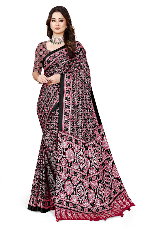 OWLSKY, SASSY & STYLO Womens Japan Satin Saree with Foil Print | Traditional Printed Saree with Unstitched Blouse | Festive Wear Saree for Women | Ethnic Designer Saree Purple