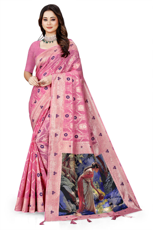 OWLSKY, SASSY & STYLO Jacquard Saree for Women | Elegant Weaving Work | Jacquard Silk Saree with Unstitched Blouse for Women | Unique Digital Pallu Art Rani Pink