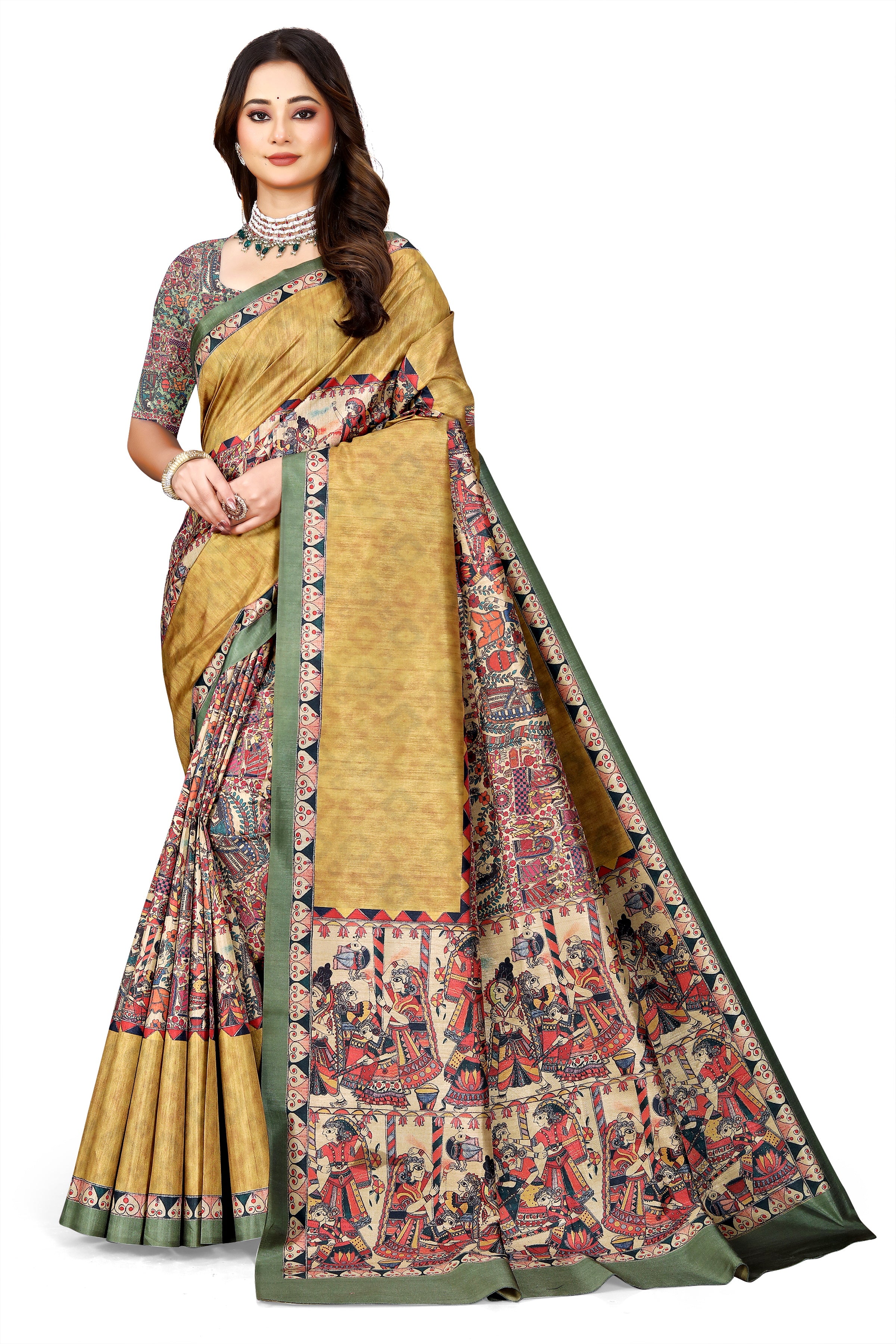 Madhubani Print Manipuri Silk Saree for Women | Indian Ethnic Party & Casual Wear | Unstitched Blouse Included Gold