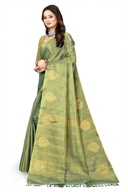 OWLSKY, SASSY & STYLO Women's Elegant Linen Weaving Saree with Unstitched Blouse Piece Olive Green