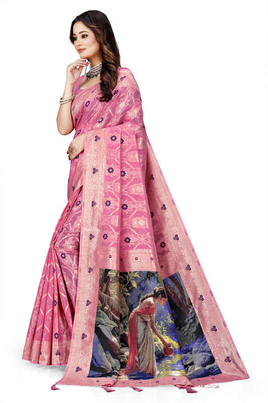 OWLSKY, SASSY & STYLO Jacquard Saree for Women | Elegant Weaving Work | Jacquard Silk Saree with Unstitched Blouse for Women | Unique Digital Pallu Art Rani Pink