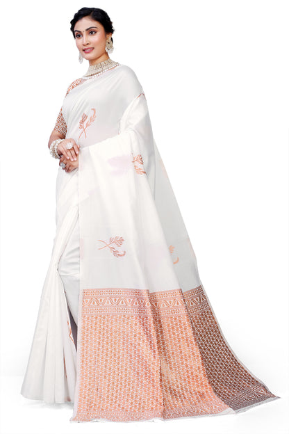 Owlsky Women's Kanjivaram Silk Saree Soft Banarasi Style with Golden & Silver Zari Border | Elegant Silk Look Saree with Unstitched Blouse Piece White