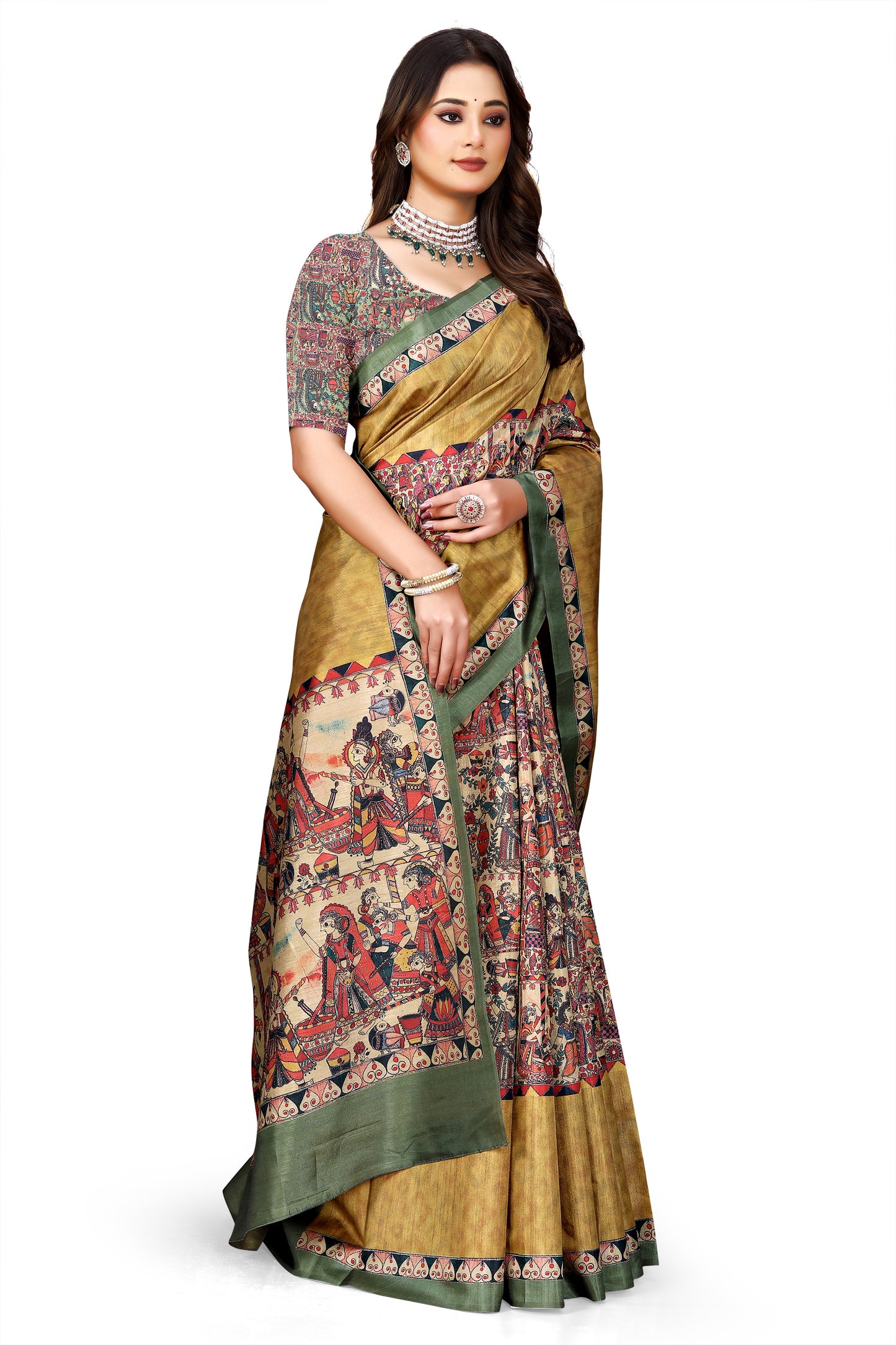 Madhubani Print Manipuri Silk Saree for Women | Indian Ethnic Party & Casual Wear | Unstitched Blouse Included Gold