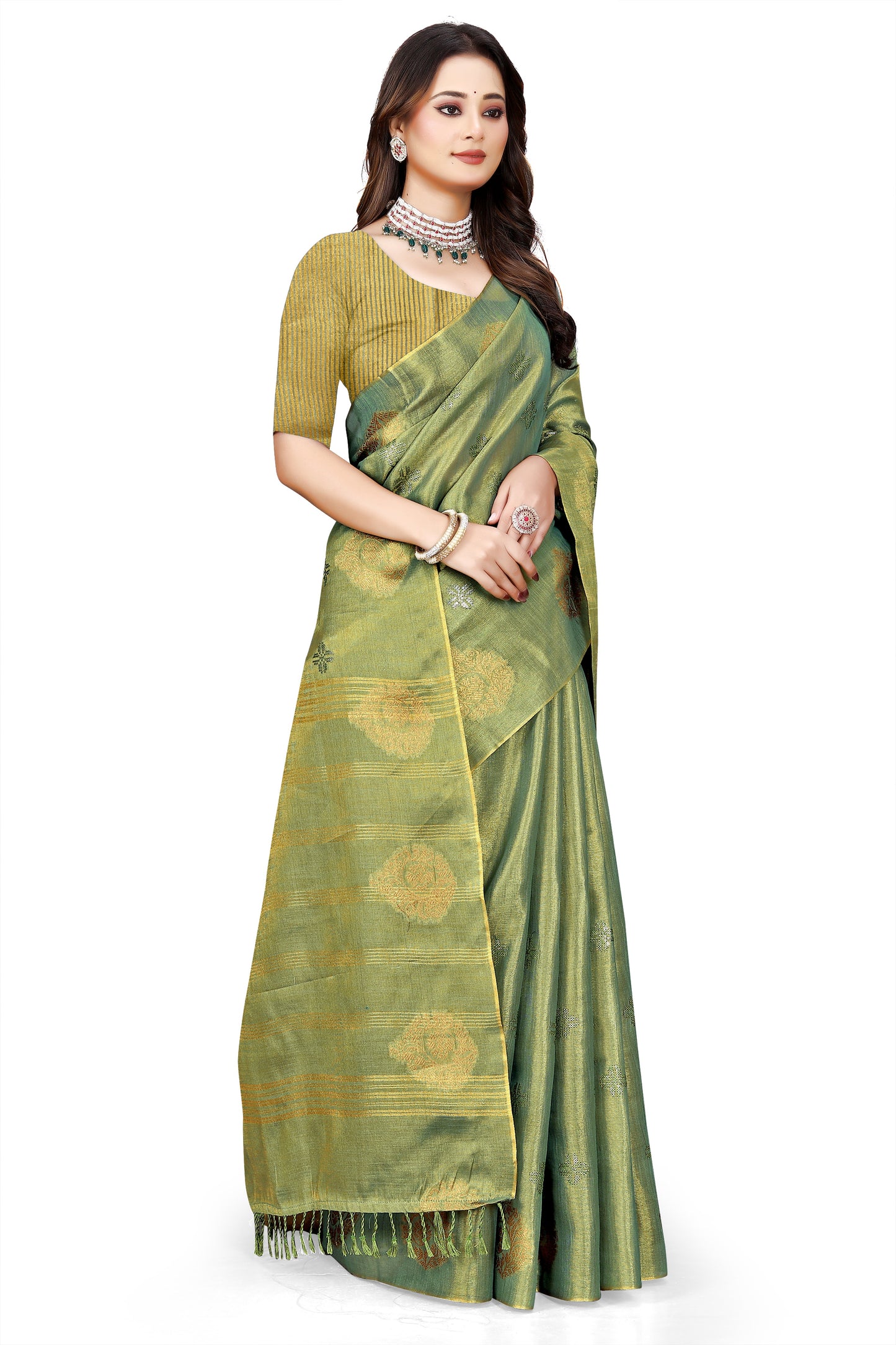 OWLSKY, SASSY & STYLO Women's Elegant Linen Weaving Saree with Unstitched Blouse Piece Olive Green