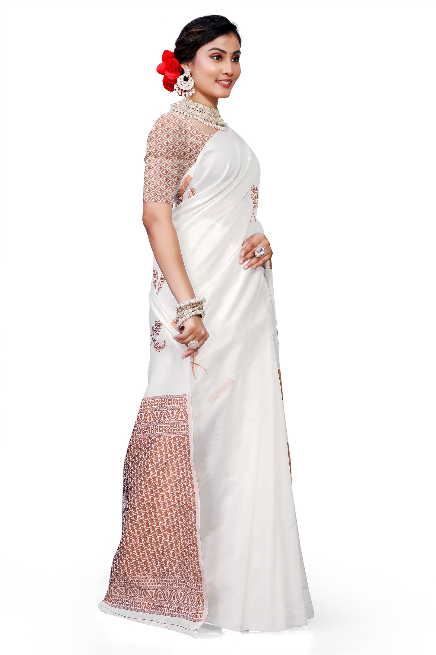 Owlsky Women's Kanjivaram Silk Saree Soft Banarasi Style with Golden & Silver Zari Border | Elegant Silk Look Saree with Unstitched Blouse Piece White