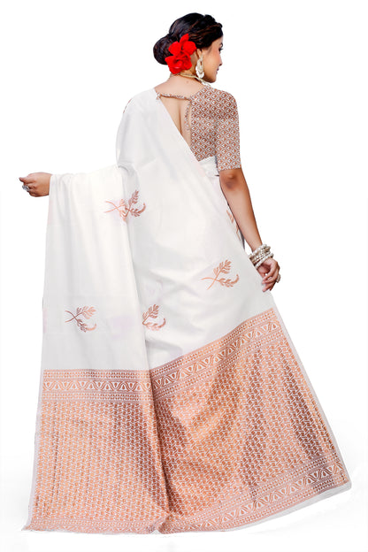 Owlsky Women's Kanjivaram Silk Saree Soft Banarasi Style with Golden & Silver Zari Border | Elegant Silk Look Saree with Unstitched Blouse Piece White