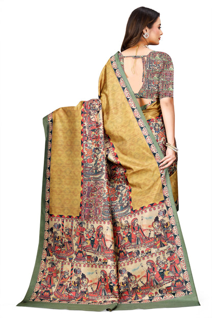 Madhubani Print Manipuri Silk Saree for Women | Indian Ethnic Party & Casual Wear | Unstitched Blouse Included Gold