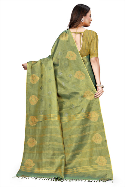 OWLSKY, SASSY & STYLO Women's Elegant Linen Weaving Saree with Unstitched Blouse Piece Olive Green