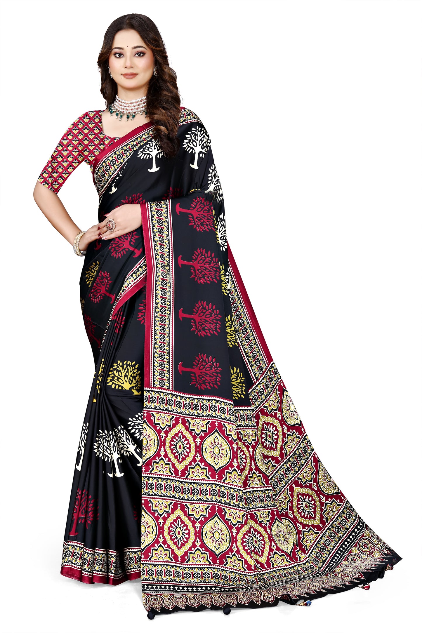 OWLSKY, SASSY & STYLO Womens Japan Satin Saree with Foil Print | Traditional Printed Saree with Unstitched Blouse | Festive Wear Saree for Women | Ethnic Designer Saree Black