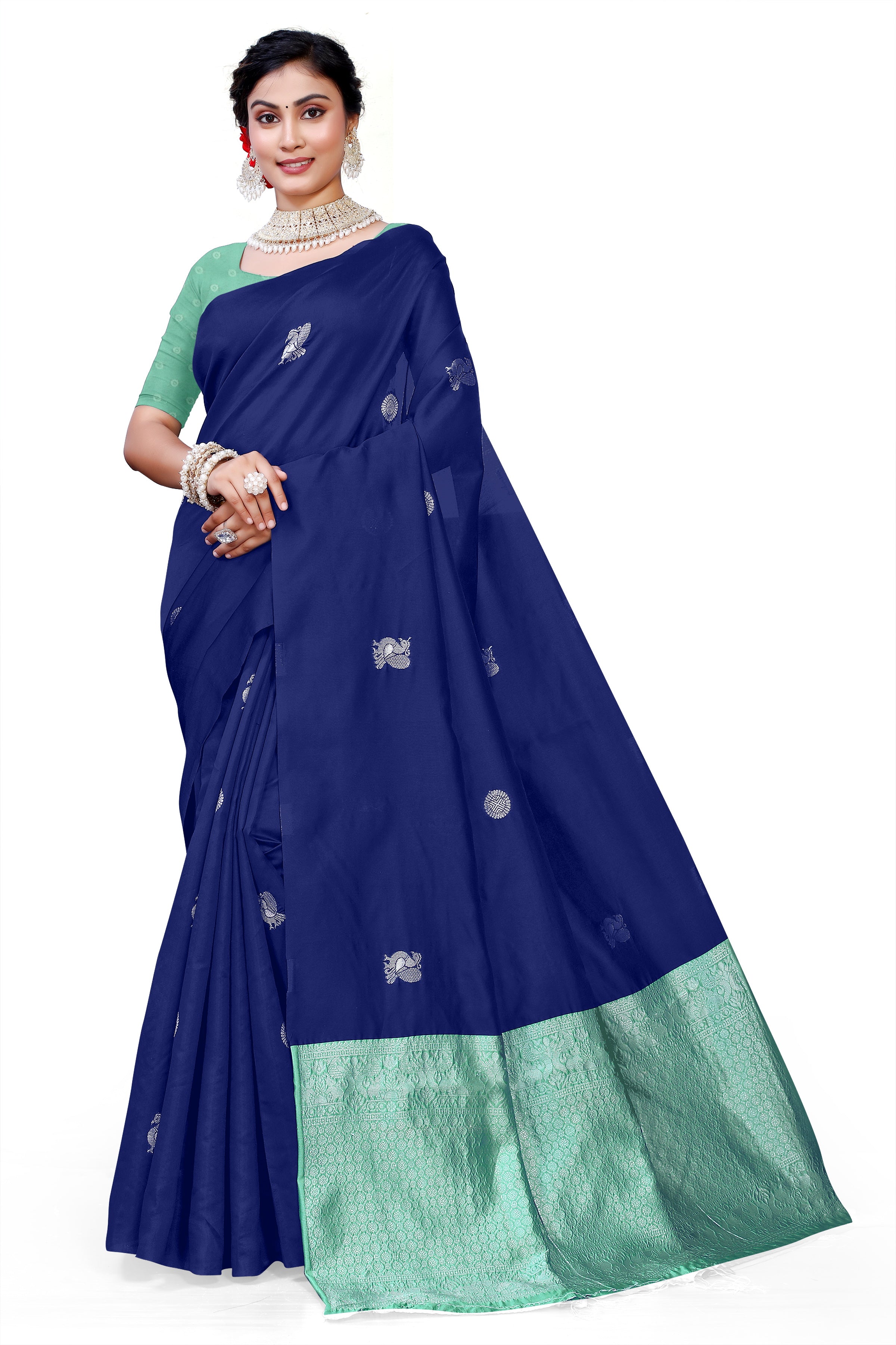 Owlsky Women's Kanjivaram Silk Saree Soft Banarasi Style with Golden & Silver Zari Border | Elegant Silk Look Saree with Unstitched Blouse Piece Navy Blue