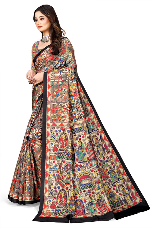 Madhubani Print Manipuri Silk Saree for Women | Indian Ethnic Party & Casual Wear | Unstitched Blouse Included Red