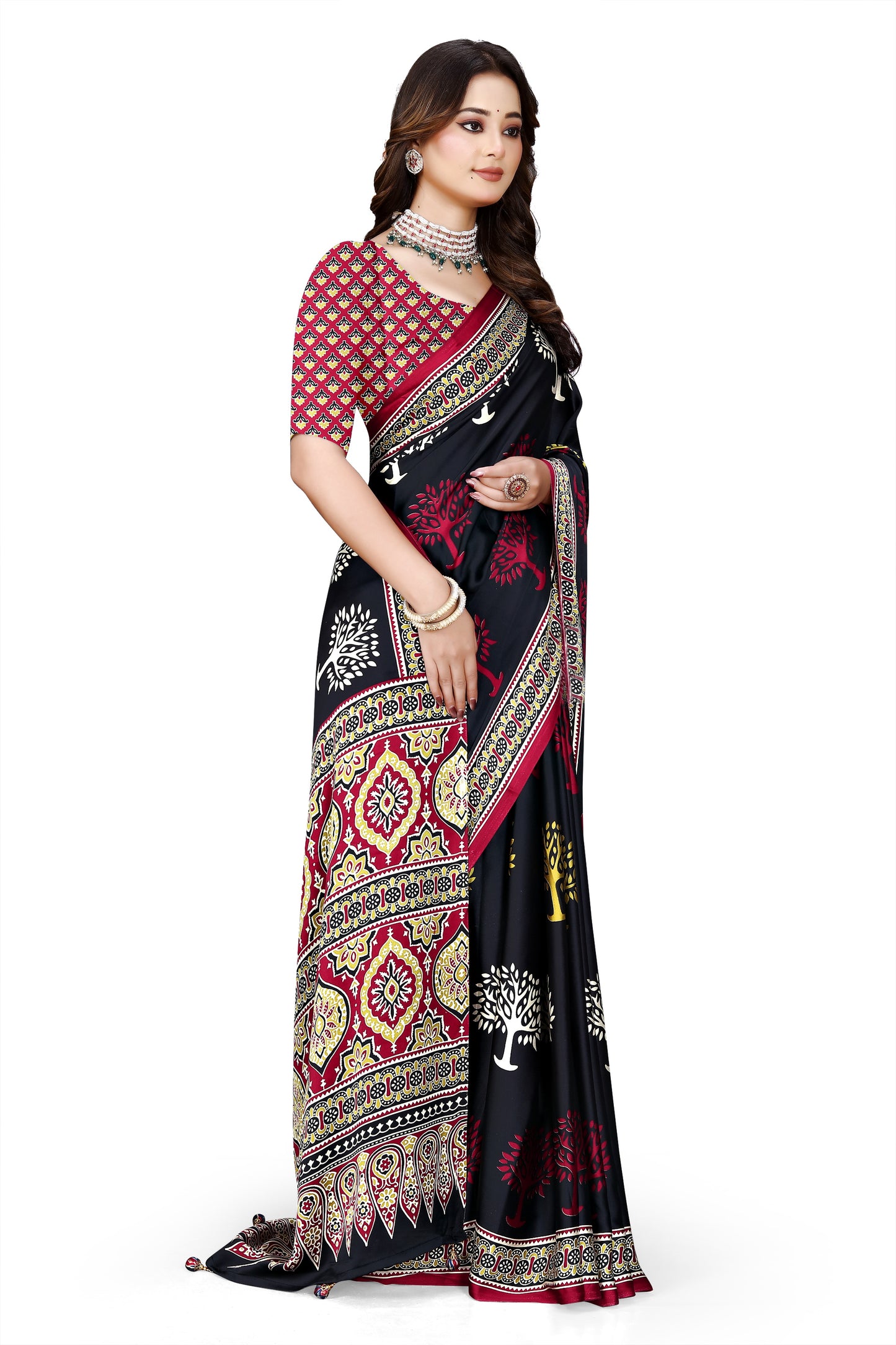 OWLSKY, SASSY & STYLO Womens Japan Satin Saree with Foil Print | Traditional Printed Saree with Unstitched Blouse | Festive Wear Saree for Women | Ethnic Designer Saree Black