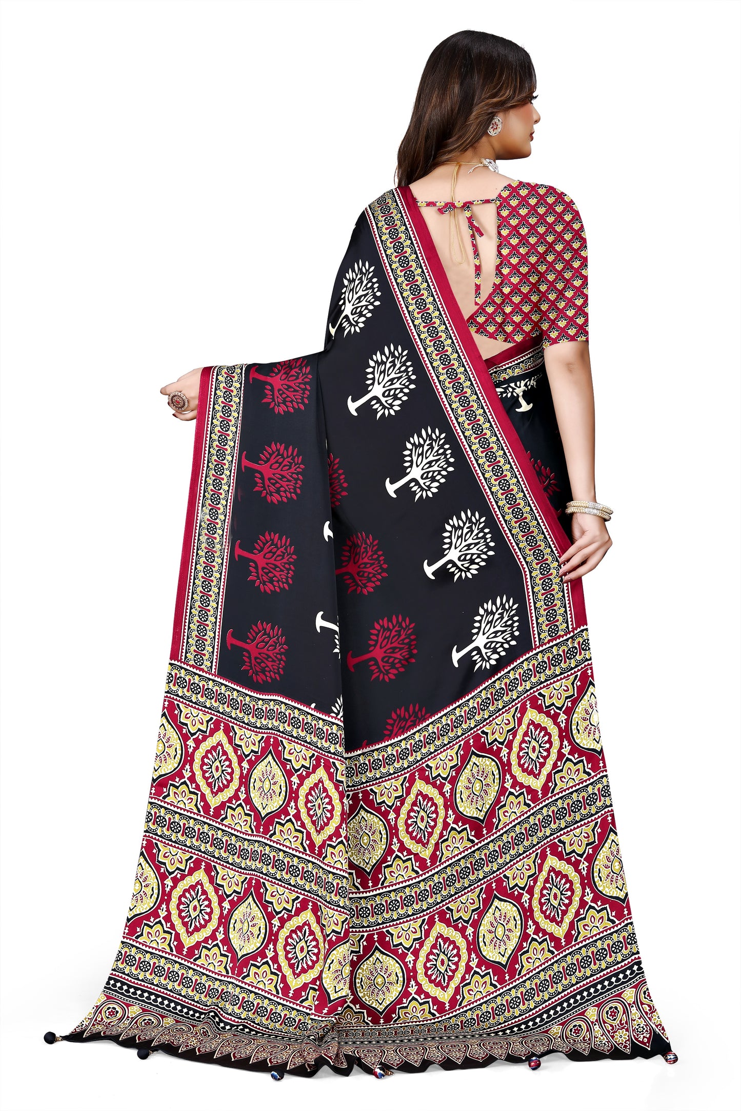 OWLSKY, SASSY & STYLO Womens Japan Satin Saree with Foil Print | Traditional Printed Saree with Unstitched Blouse | Festive Wear Saree for Women | Ethnic Designer Saree Black