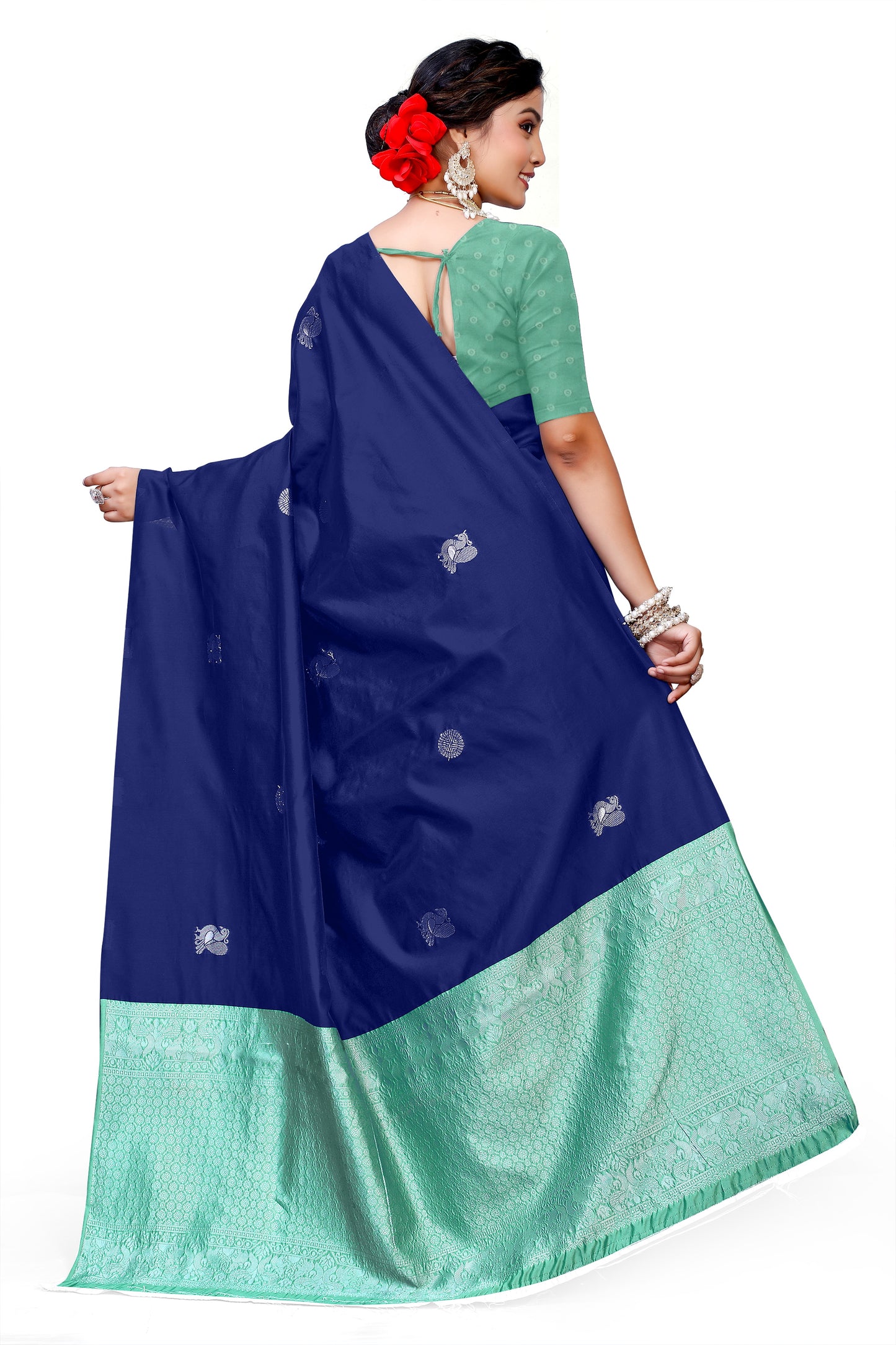 Owlsky Women's Kanjivaram Silk Saree Soft Banarasi Style with Golden & Silver Zari Border | Elegant Silk Look Saree with Unstitched Blouse Piece Navy Blue