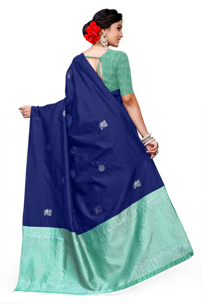 Owlsky Women's Kanjivaram Silk Saree Soft Banarasi Style with Golden & Silver Zari Border | Elegant Silk Look Saree with Unstitched Blouse Piece Navy Blue