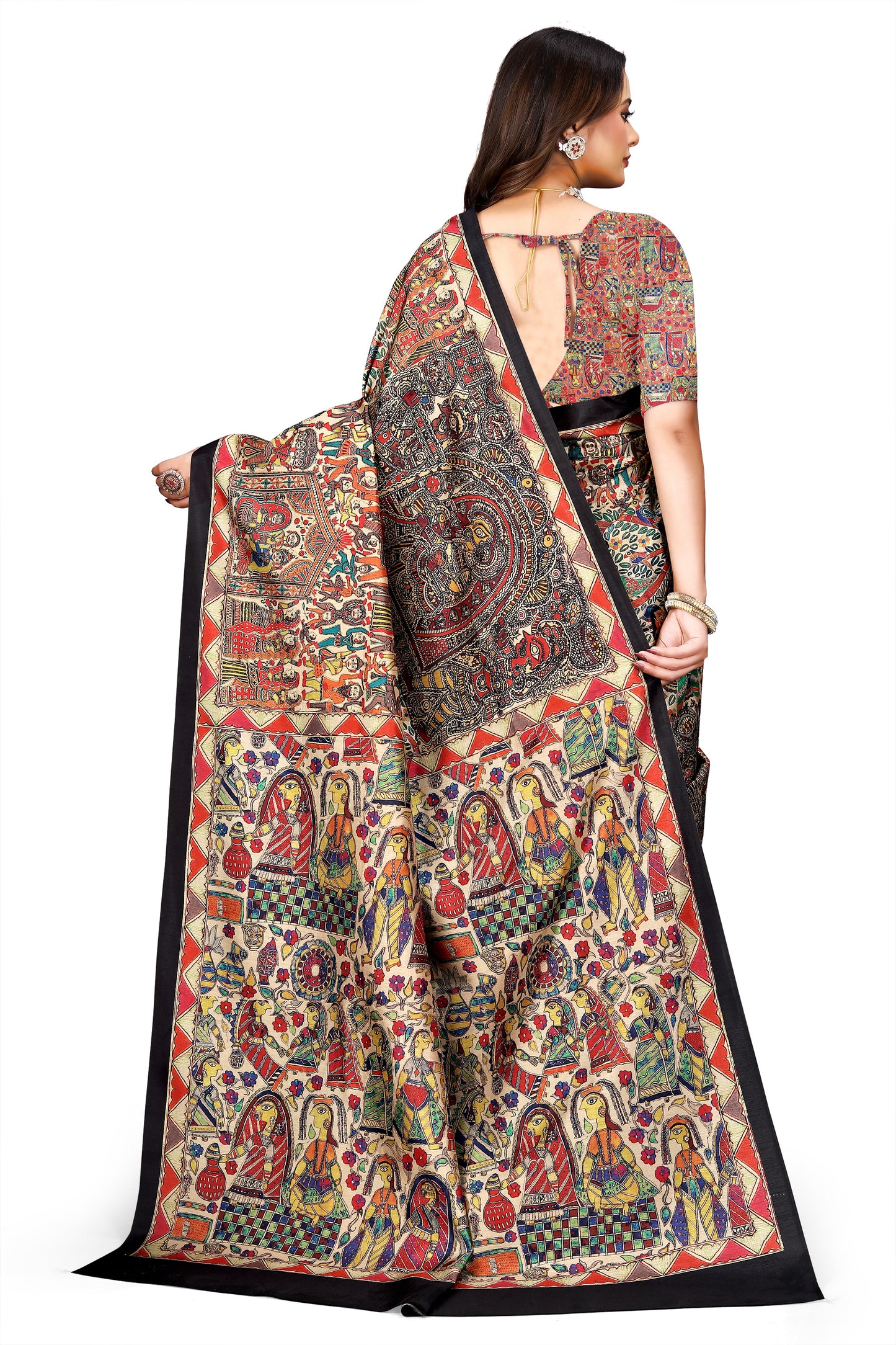 Madhubani Print Manipuri Silk Saree for Women | Indian Ethnic Party & Casual Wear | Unstitched Blouse Included Red