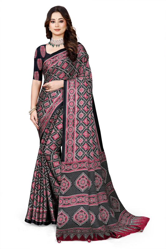 OWLSKY, SASSY & STYLO Womens Japan Satin Saree with Foil Print | Traditional Printed Saree with Unstitched Blouse | Festive Wear Saree for Women | Ethnic Designer Saree Dark Purple
