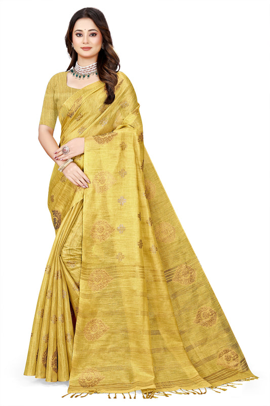 OWLSKY, SASSY & STYLO Women's Elegant Linen Weaving Saree with Unstitched Blouse Piece Haldi Yellow