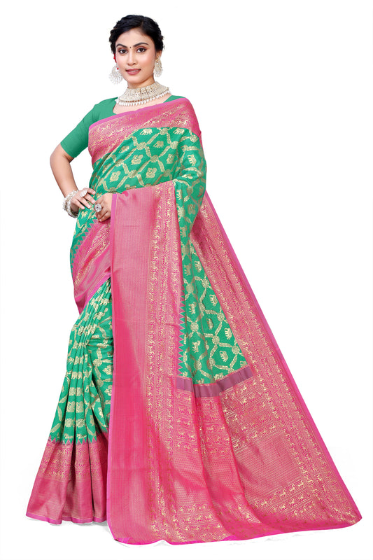 Owl Sky Kanjivaram Cotton Silk Saree for Women with Zari Border | Traditional Indian Saree with Unstitched Blouse Piece | Lightweight Festival Wear Saree | Elegant Soft Cotton Silk Saree Parrot Green